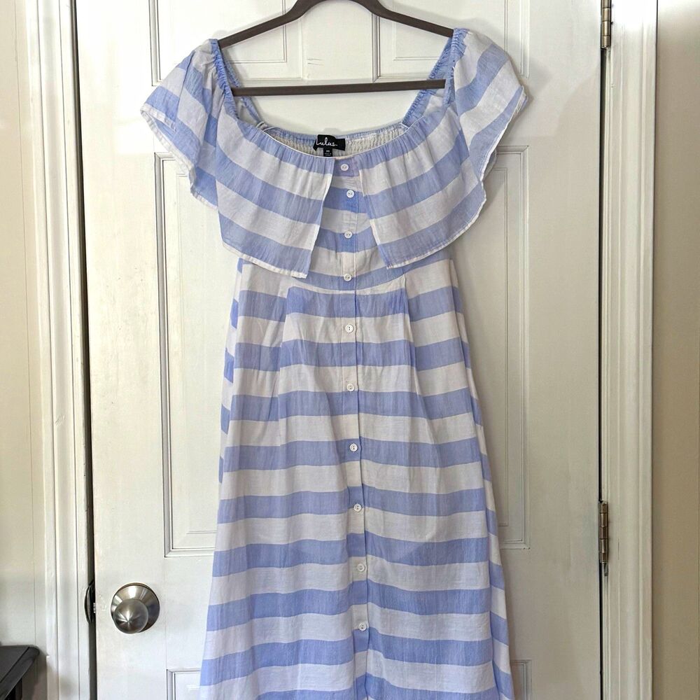 Lulus Blue White Striped Cotton Midi Dress M Ruffle Button Front Coastal